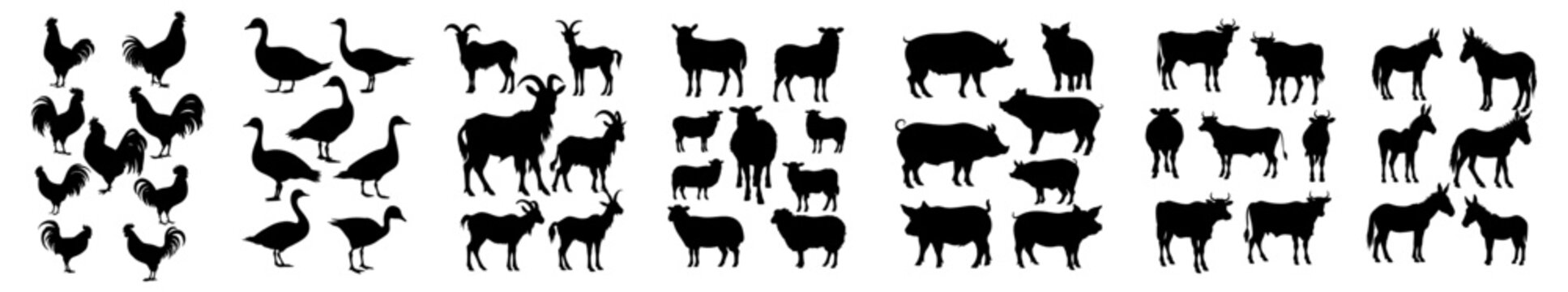set of silhouette of farm animals. chicken, hen, duck, goose, goat, ram, sheep, lamb, pig, cow, ox, donkey. 