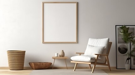 Mockup poster blank frame in a Scandinavian-inspired reading nook with a cozy rug