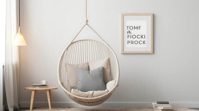 Mockup poster blank frame above a cozy reading corner with a hanging swing chair