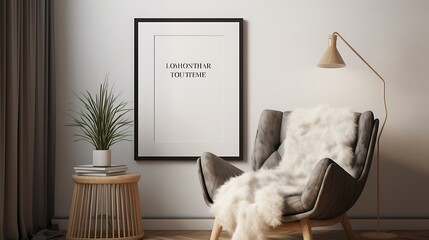 Mockup poster blank frame showcased in a cozy corner with a fur throw and a knit chair - obrazy, fototapety, plakaty