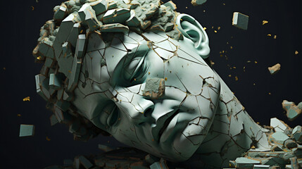 broken, ancient, greek, statue, head, falling, pieces, marble, sculpture, cracking, bust, concept, art, archaeology, 