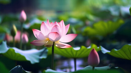 Pink lotus flower in lake