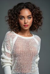 A female model with curly hair and bright eyes wears a see-through white sweater.