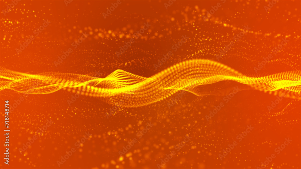 Poster flowing yellow dots and particles background. abstract digital particle and dots wave and light abst