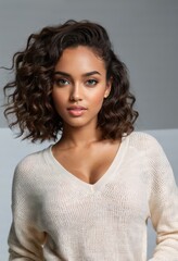 A female model with curly hair and wearing a white top poses against a grey background