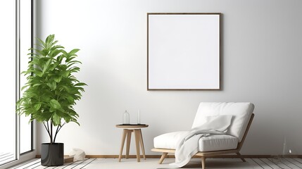 Mockup poster blank frame hanging above a modern guest room's reading nook