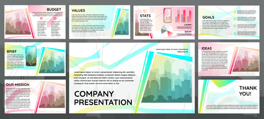 Powerpoint presentation templates. Set of creative slide layouts for digital presentation. Backdrop for website, landing page or report. Cartoon flat vector collection isolated on gray background