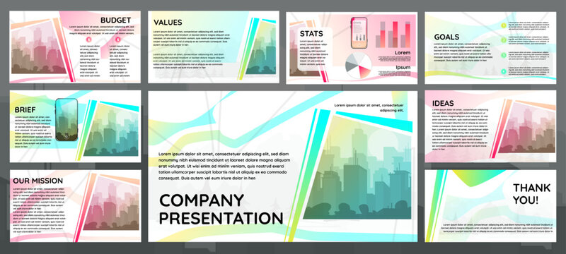 Powerpoint presentation templates. Set of creative slide layouts for digital presentation. Backdrop for website, landing page or report. Cartoon flat vector collection isolated on gray background
