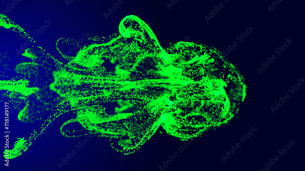 Poster green fluid particle dots. glowing fluid particles flow with a dark background; an abstract backgrou