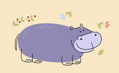 Cute hand drawn animal. Doodle icon or sticker with adorable hippopotamus. Wild African mammal inhabitant of savannah or jungle. Cartoon flat vector illustration isolated on beige background