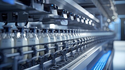 a milk factory with a robotic factory line dedicated to the processing and bottling of milk, selective focus to highlight specific details within the manufacturing process.