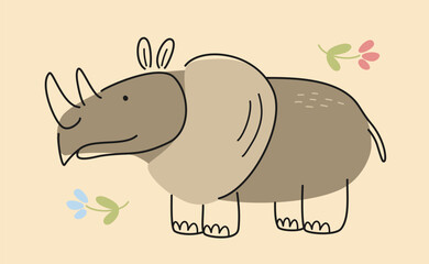 Cute hand drawn animal. Sticker with adorable African rhinoceros in trendy doodle style. Mammal and herbivore inhabitant of savannah. Cartoon flat vector illustration isolated on beige background