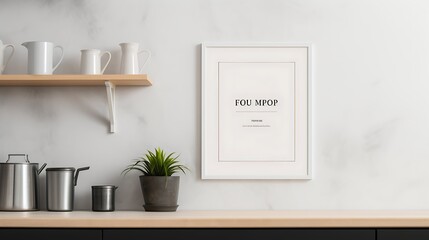 Mockup poster blank frame in a corner of a minimalist kitchen with open shelving