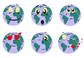 Planet Earth emoticons. Set of vector colored cartoon characters about Earth. Vector illustration, earth emotions isolated on white background. Funny ecology character emotions.