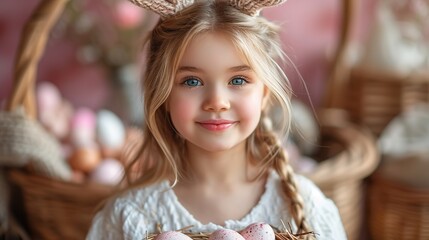 Fototapeta premium Cute little child wearing bunny ears on Easter day. Girl holding basket with painted eggs