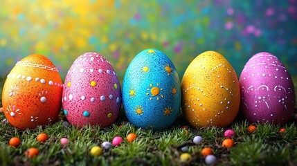 Beautiful postcard with easter decoration and painted colorful easter eggs. Banner