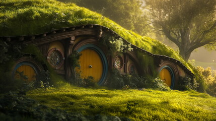 hobbit house with green grass, village, round door - obrazy, fototapety, plakaty