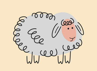 Cute hand drawn animal. Sticker with fluffy little sheep. Farm or agricultural animal. Design in doodle style for nursery room decoration. Cartoon flat vector illustration isolated on beige background