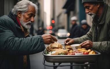 Volunteer hands giving to poor old homeless man food - obrazy, fototapety, plakaty