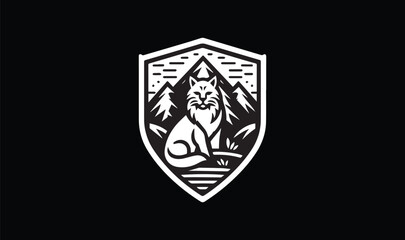 coat of arms with a shield, bobcat, mountain water on black background