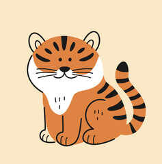 Cute hand drawn animal. Doodle Sticker with adorable African striped tiger. Mammal or predator inhabitant of savannah or jungle. Cartoon flat vector illustration isolated on beige background