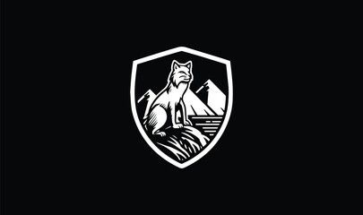 shield with sword, wolf, mountain, river, water on black background