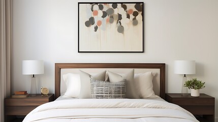 Modern guest room featuring a framed art piece above a minimalist bed
