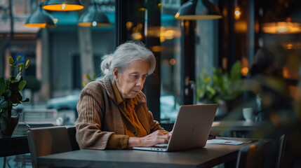 Elderly women in casual clothes working on laptop, modern interior cafe