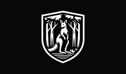 coat of arms, kingaroo, trees, standin, on black background
