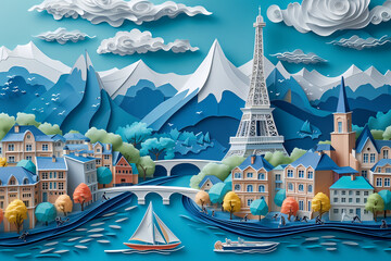  A vibrant paper art-style illustration of Paris with the Eiffel Tower, quaint houses by the river, and mountains in the backdrop. Generative AI