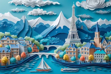 Washable wall murals Mountains  A vibrant paper art-style illustration of Paris with the Eiffel Tower, quaint houses by the river, and mountains in the backdrop. Generative AI