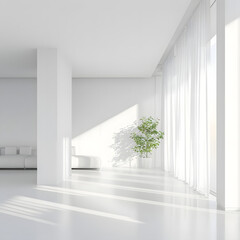 3D white interior background with a bright, modern and airy design, perfect for showcasing furniture and decor.