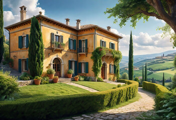 Fototapeta premium Beautiful seascape overlooking a beautiful villa in Italy in a village with a lot of space and a vineyard, vacation and winemaking concept,