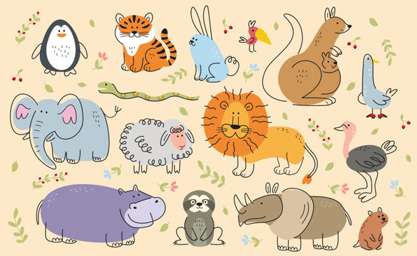 Set of cute hand drawn animals. Doodle icons or stickers with tiger, lion, elephant, hippopotamus, ostrich, kangaroo and penguin. Cartoon flat vector illustrations isolated on beige background