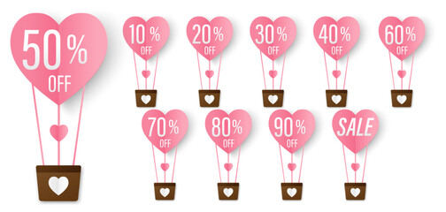 Set of Valentine's Day discount tags sale offer 10 to 90%. Paper cut style design for discount offer, clearance, emblem, special offer tag sticker design element, flat, banner, Vector Illustration.