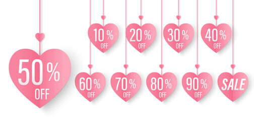 Set of Valentine's Day discount tags sale offer 10 to 90%. Paper cut style design for discount offer, clearance, emblem, special offer tag sticker design element, flat, banner, Vector Illustration.