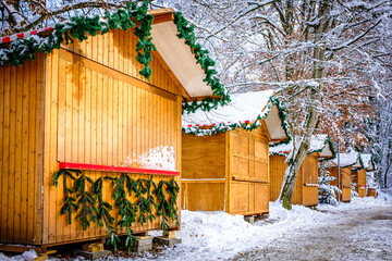 typical wooden sales booth at a christmas market