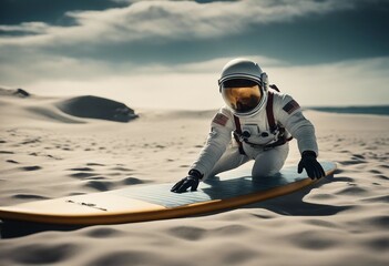 Fototapeta na wymiar Astronaut with his surfboard on another planet.