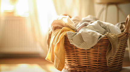 Close-up of a basket with dirty clothes in a laundry room. Laundry Day