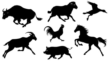 Stylish silhouette set of running farm animals