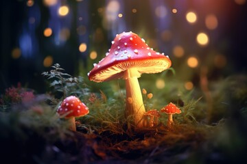 Fantasy mushroom with bokeh light in the forest at night 3d illustration of abstract background Ai generated