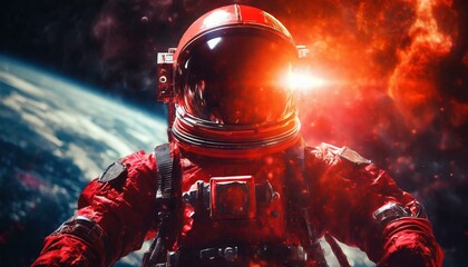 A gorgeous red astronaut suit and helmet. - obrazy, fototapety, plakaty