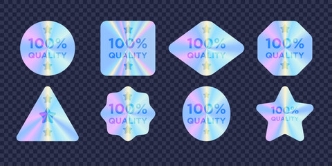 Set of hologram stickers with quality seal. Vector icons for product stamp isolated on transparent backdrop