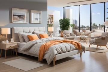 Modern beds with mattresses and pillows in the store. Furniture showroom interior - new fashionable modern stylish mattresses and beds