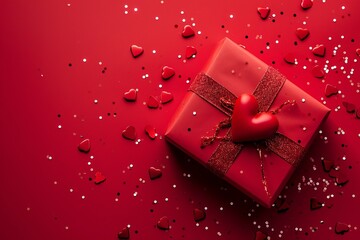 Close up red gift on red background among heart-shaped confetti with copy space. Valentine's day, romance, love, wedding anniversary concept, top view