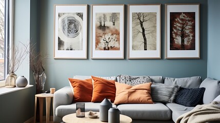 Multiple framed artworks arranged on a feature wall in a Nordic-inspired room