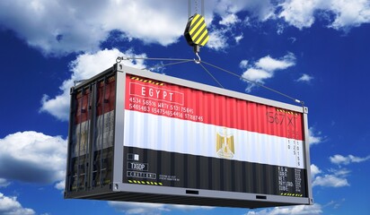 Freight shipping container with national flag of Egypt hanging on crane hook - 3D illustration - obrazy, fototapety, plakaty