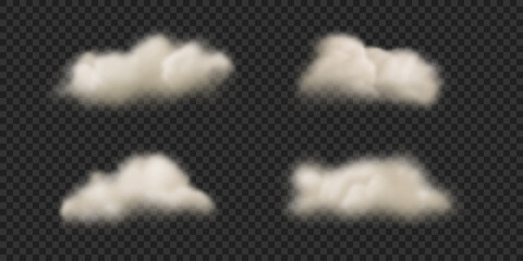 Realistic fluffy clouds. Set of vector icons. White smooth clouds isolated on transparent background