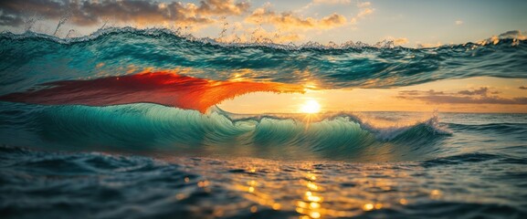 A tropical sea with colorful backdrop, a sunset wave in the pure water