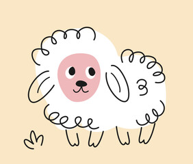 Cute hand drawn animal. Adorable baby sheep or ram in doodle style. Sticker with funny fluffy mammal. Agricultural or farm animal. Cartoon flat vector illustration isolated on beige background